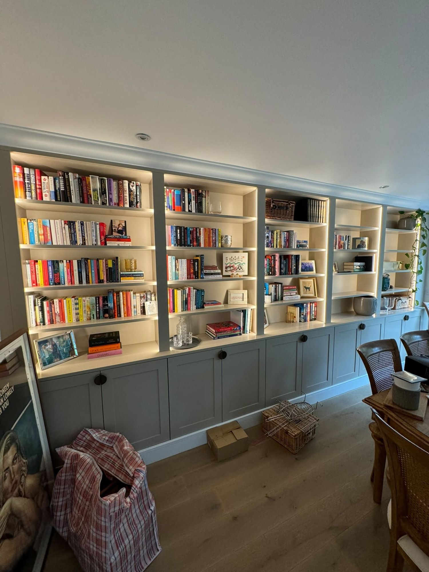 Lit shelving in a fitted living room bookcase